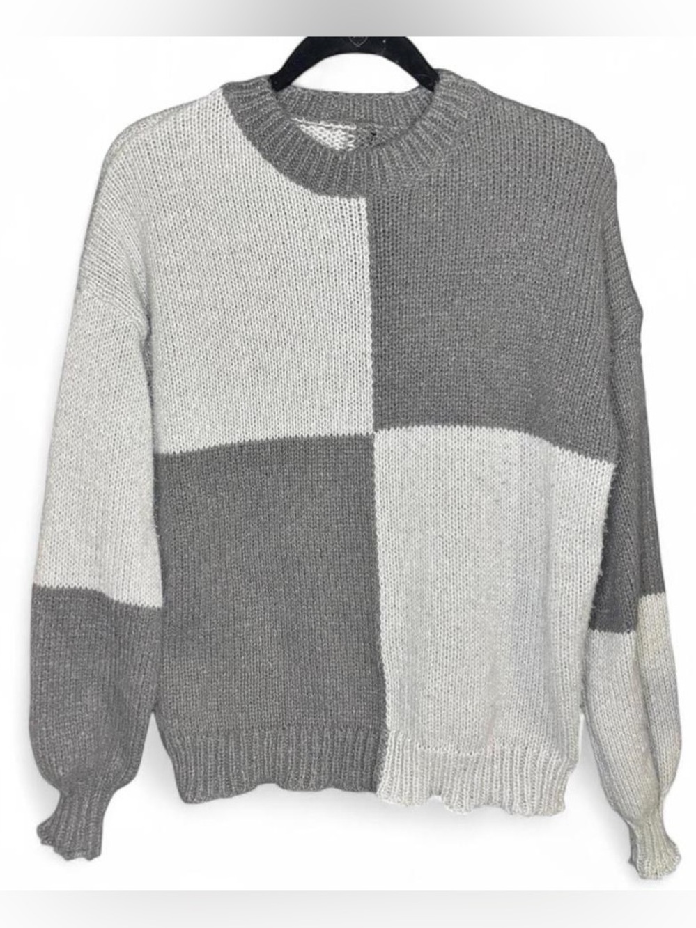 Colorblock Checkered Knit Sweater Oversized Grey
